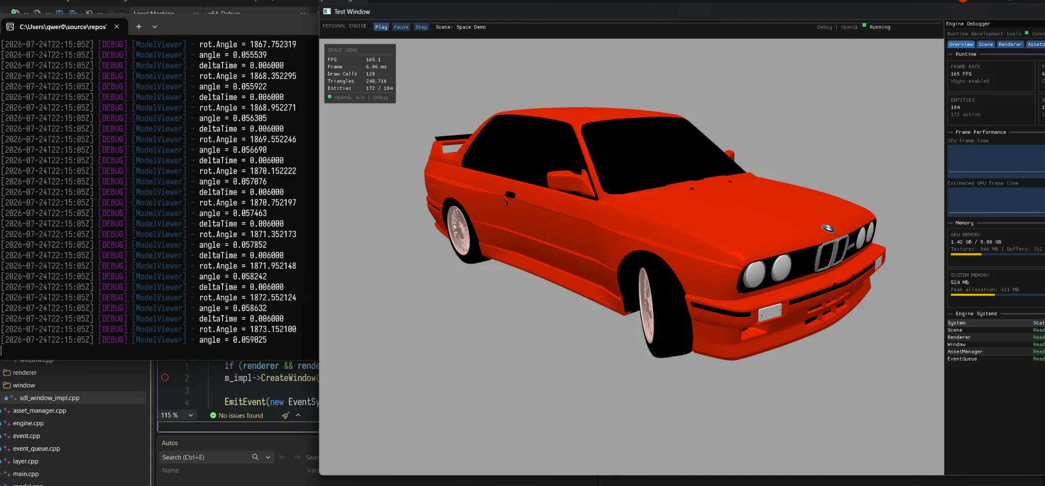Red BMW model rendered in the modular C++ game engine
