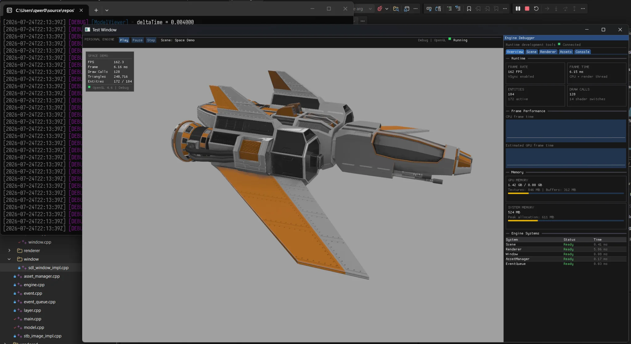 Spacecraft rendered in the modular C++ game engine